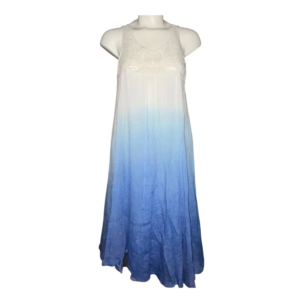 Water Lily Women's Sz M Ombre Blue White Lace Yoke Sleeveless Midi Dress